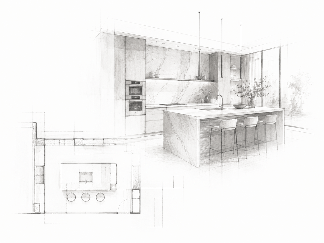 Sketch di cucina con pianta architettonica